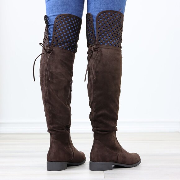 Brown Thigh High Over The Knee Flat Boots Faux Suede - Picture 7 of 14